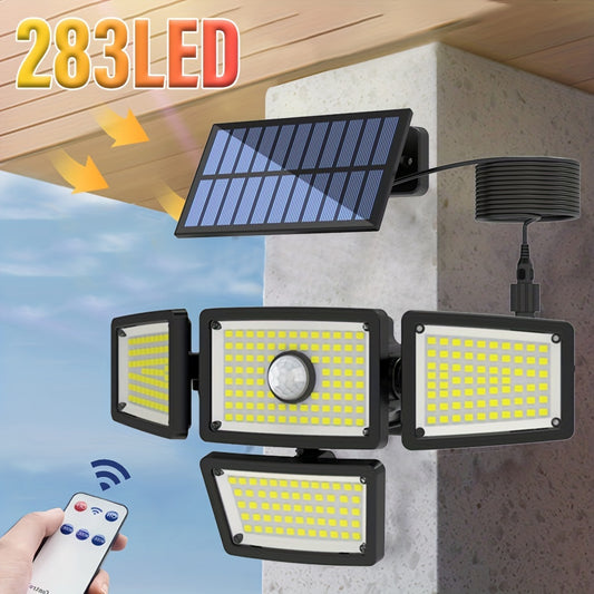 1 Pack 283LED Solar Outdoor Wall Light, Motion Sensor Security Light With Remote Control And 196.85 Inch Extension Cord, 4 Adjustable Heads, 3-mode Floodlight, For Use In Patio, Garden, Garage, Decking