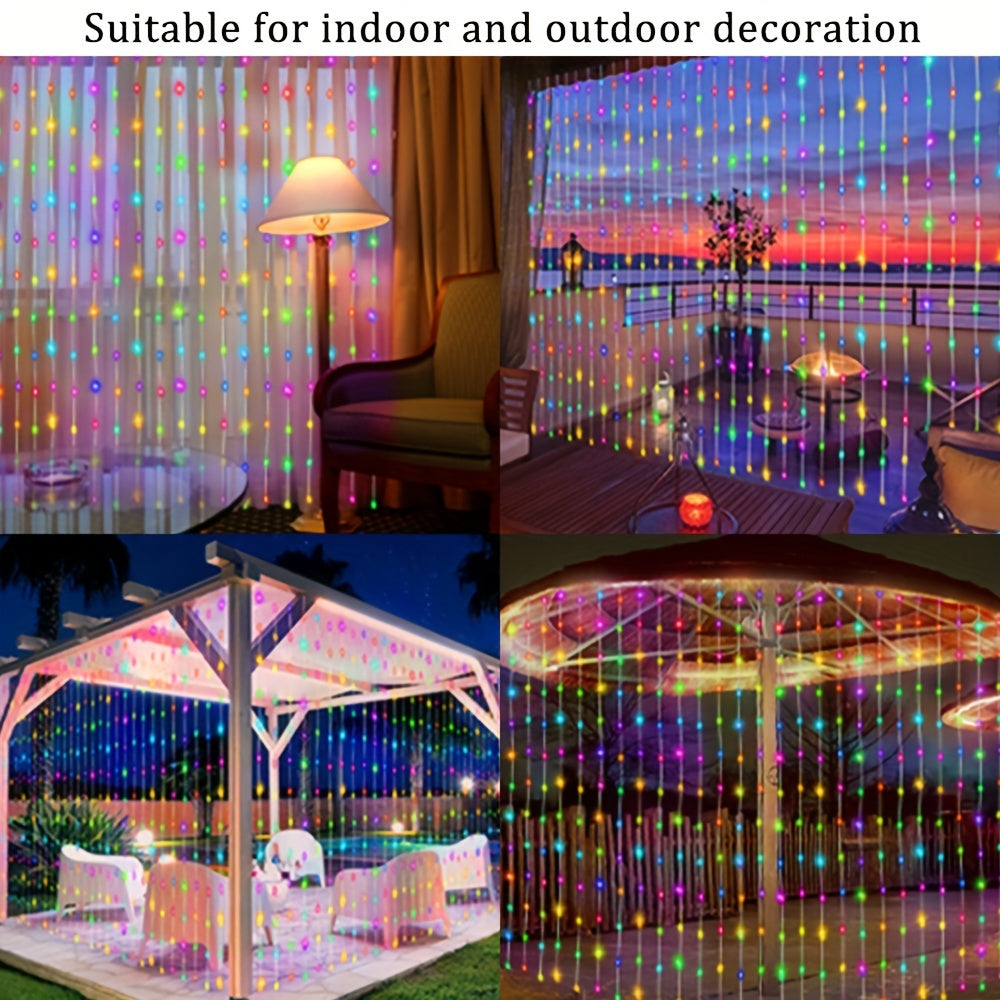1 Pack 100/200/300 LED Solar Curtain String Lights, Outdoor Waterproof, 8 Lighting Modes Curtain Fairy Lights, Christmas Decorative Lights, Great For Wedding Party, Balcony, Patio, Garden Decoration (Colorful/Warm White/White)