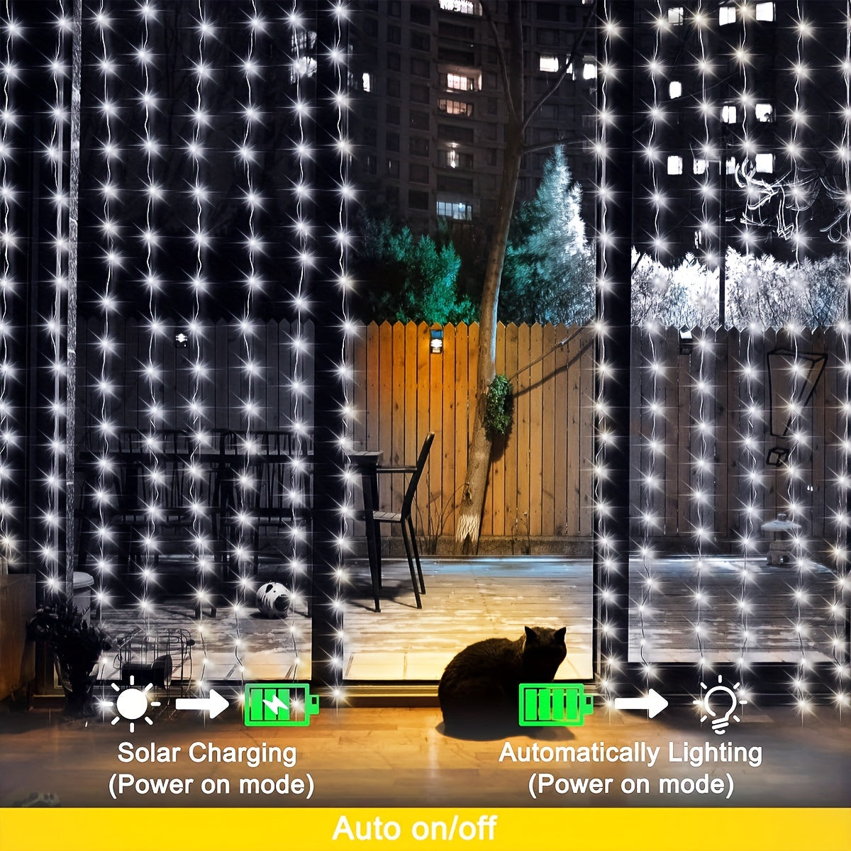 1 Pack 300 LED Solar Curtain Light Outdoor, Remote Control, 8 Lighting Modes, Fairy Lights, IP65 Waterproof, Copper Wire Lights Christmas Party Wedding Home Bedroom Garden Wall Decor, Halloween Decorations Lights Outdoor 9.8Ftx9.8Ft