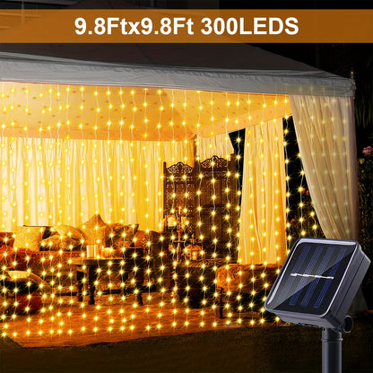 1 Pack 300 LED Solar Curtain Light Outdoor, Remote Control, 8 Lighting Modes, Fairy Lights, IP65 Waterproof, Copper Wire Lights Christmas Party Wedding Home Bedroom Garden Wall Decor, Halloween Decorations Lights Outdoor 9.8Ftx9.8Ft