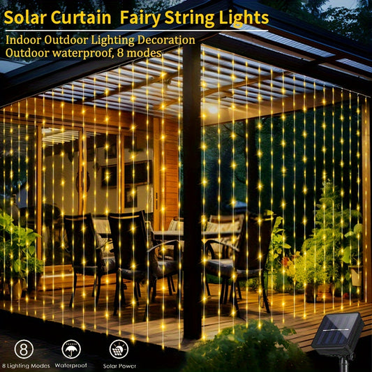 1 Pack 100/200/300 LED Solar Curtain String Lights, Outdoor Waterproof, 8 Lighting Modes Curtain Fairy Lights, Christmas Decorative Lights, Great For Wedding Party, Balcony, Patio, Garden Decoration (Colorful/Warm White/White)